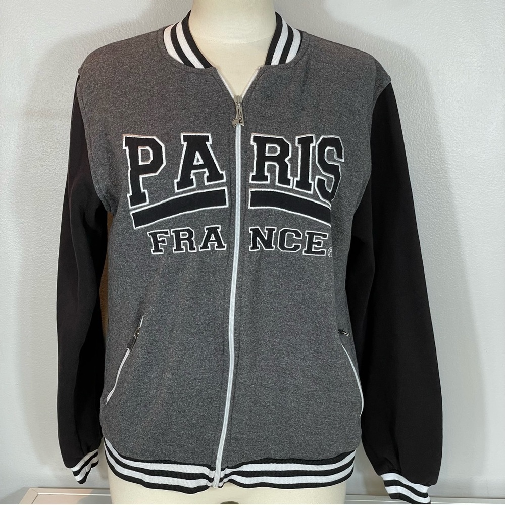 NoS Paris France Embroidered Black Gray Fleece Knit Zip Bomber Jacket Sz M
